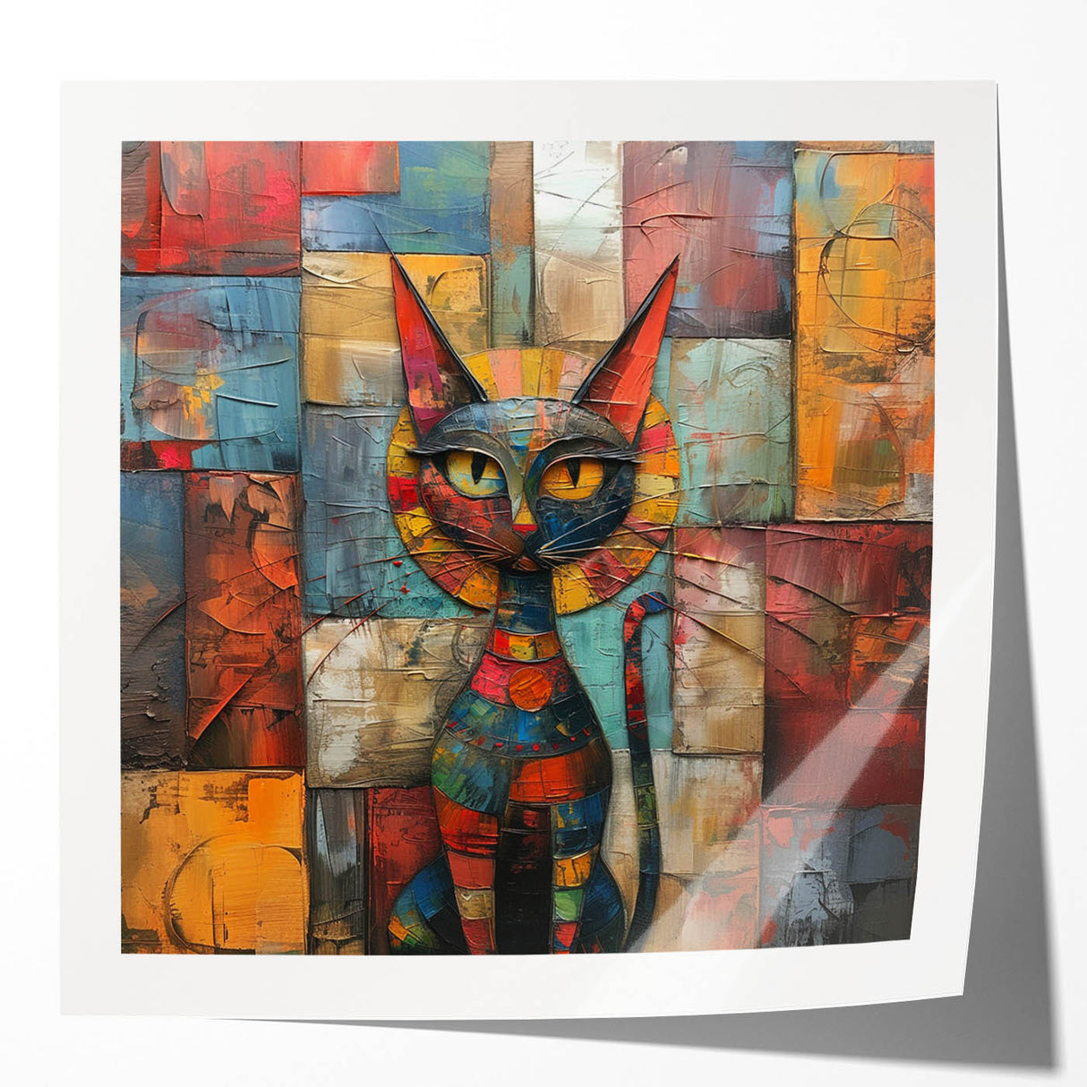 Colorful wall art print showcasing a whimsical cat design on a glossy surface, perfect for home decor. Ideal for animal lovers, enhancing any living space with vibrant artwork.