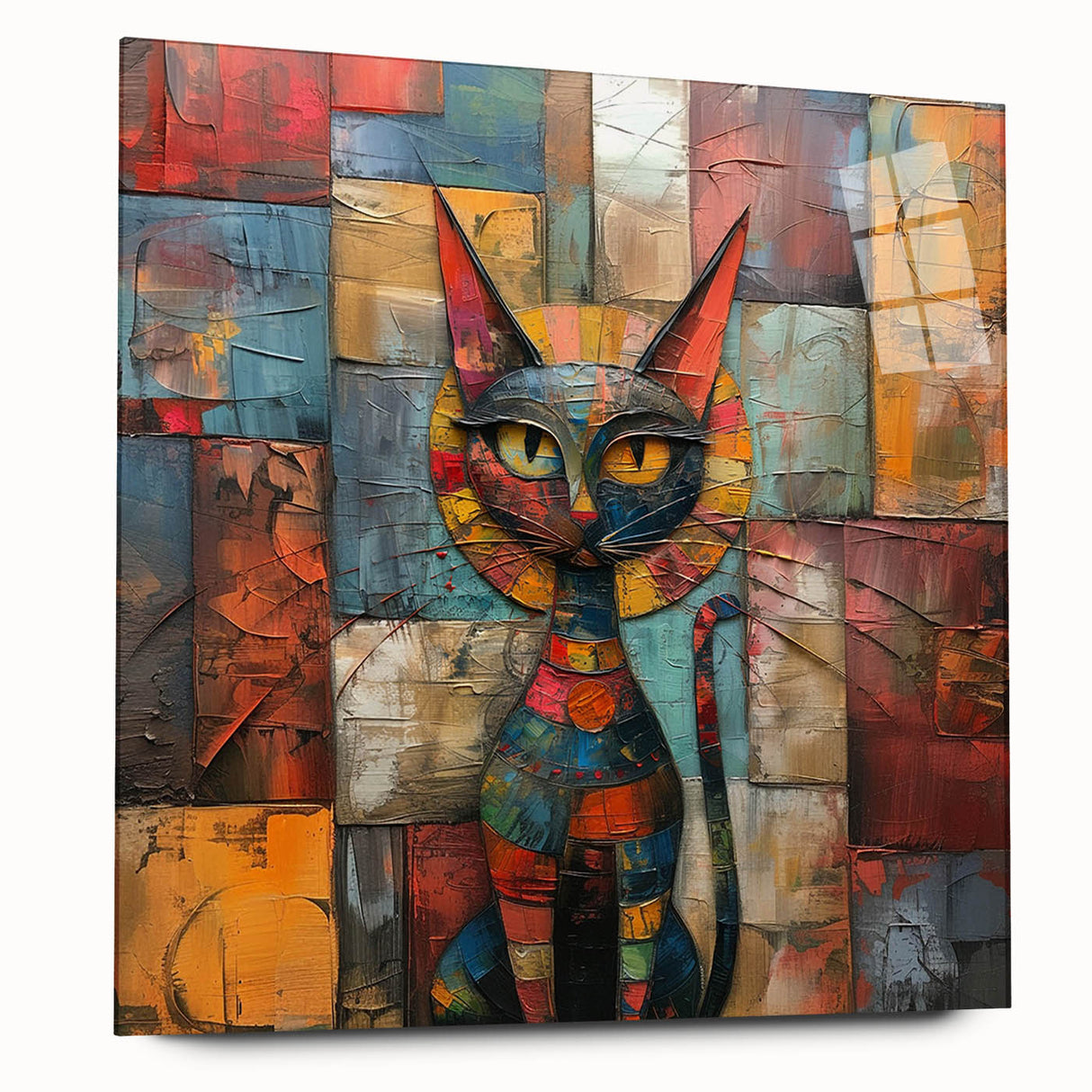 Acrylic glass wall art featuring a whimsical cat design from the Animals A Wild Life collection, showcasing vibrant colors and intricate details, perfect for animal lovers.