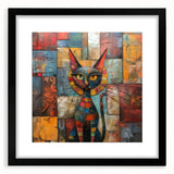 Framed wall art featuring a whimsical cat design from the "Animals A Wild Life" collection, showcasing a sleek black frame and mat, perfect for modern decor.