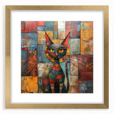 Gold-framed wall art featuring a whimsical cat design, showcasing vibrant colors and intricate details, perfect for adding a playful touch to any room decor.