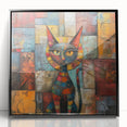 Framed wall art showcasing a wild cat design with vibrant colors and intricate details, featuring a black frame that enhances the artwork's visual appeal.