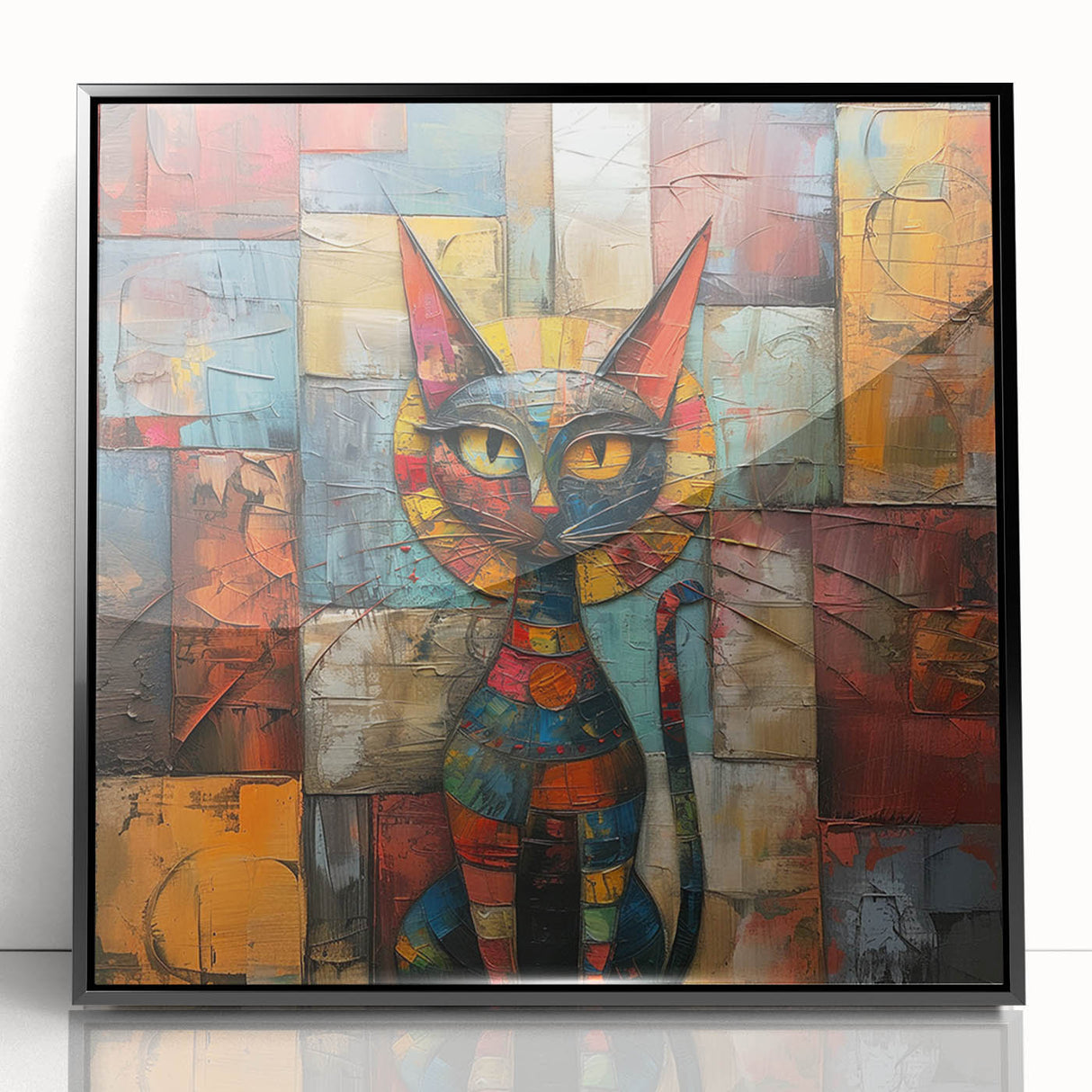 Framed wall art showcasing a wild cat design with vibrant colors and intricate details, featuring a black frame that enhances the artwork's visual appeal.