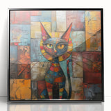 Framed wall art showcasing a wild cat design with vibrant colors and intricate details, featuring a black frame that enhances the artwork's visual appeal.