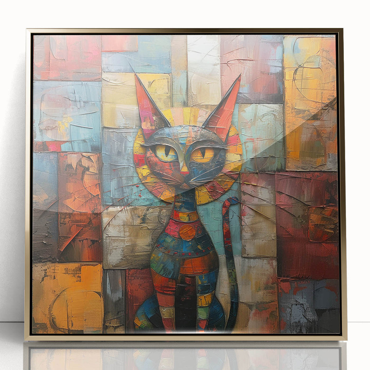 Framed wall art featuring a stylish gold-accented cat design, showcasing vibrant colors and intricate details, perfect for animal lovers and modern decor.