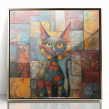 Framed wall art featuring a stylish gold-accented cat design, showcasing vibrant colors and intricate details, perfect for animal lovers and modern decor.