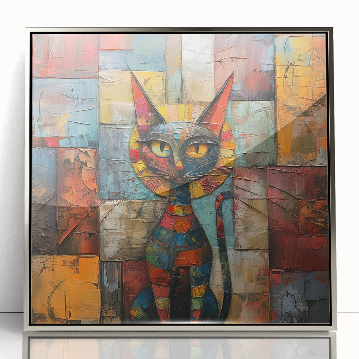 Framed acrylic wall art featuring a sleek silver design of a wild cat, showcasing vibrant colors and intricate details, perfect for animal lovers and modern decor.