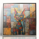 Framed acrylic wall art featuring a sleek silver design of a wild cat, showcasing vibrant colors and intricate details, perfect for animal lovers and modern decor.
