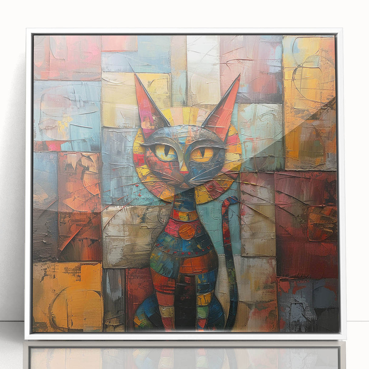 Framed wall art featuring a whimsical cat design in vibrant colors, showcased in a sleek white frame, perfect for animal lovers and modern decor enthusiasts.