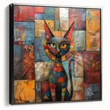 Framed black canvas wall art depicting a whimsical cat design, showcasing vibrant colors and playful details, perfect for animal lovers and home decor enthusiasts.
