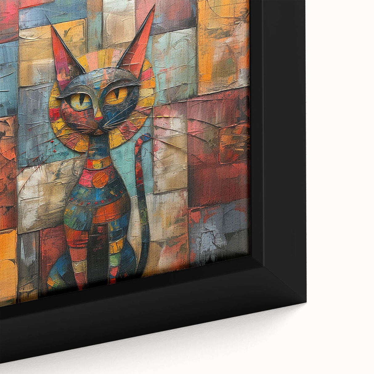 Close-up of framed canvas wall art depicting a vibrant cat design in a wild nature setting, showcasing detailed textures and colors, perfect for animal lovers.