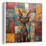 Framed canvas wall art displaying a whimsical cat design in vibrant colors, set against a white background, perfect for adding charm to any room decor.