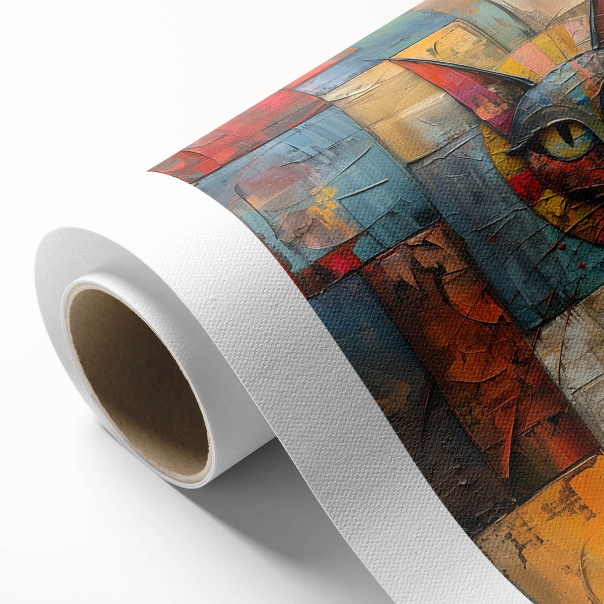 Vibrant rolled canvas wall art featuring a whimsical cat design, showcasing intricate details and bold colors, perfect for animal lovers' decor.