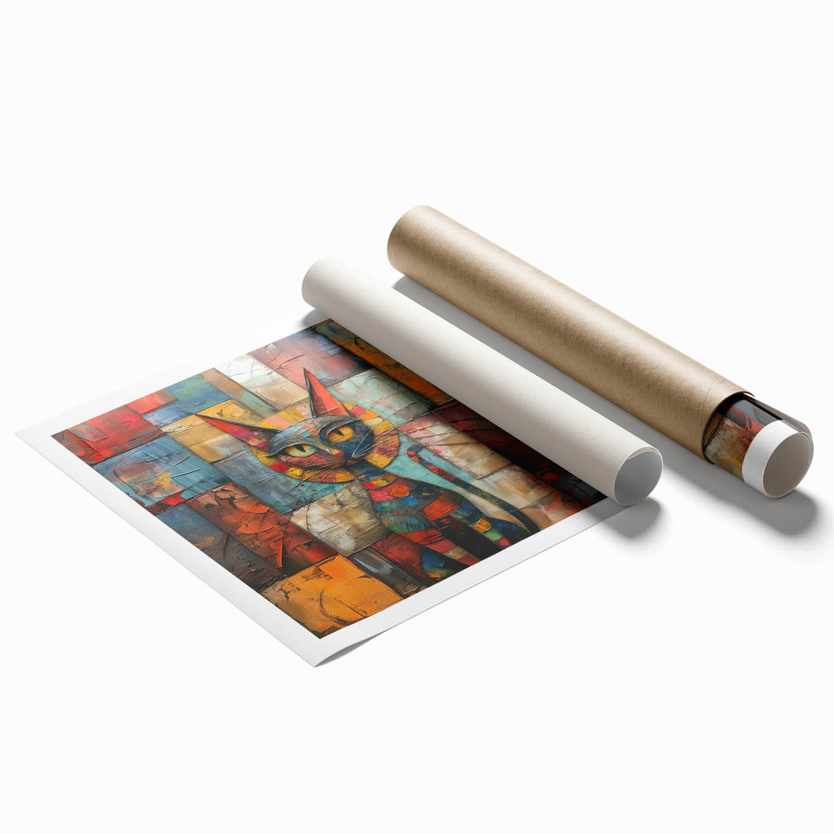 Stylish rolled print featuring a whimsical cat design surrounded by vibrant foliage, perfect for animal lovers and home decor enthusiasts. Packaged securely in a cardboard tube.