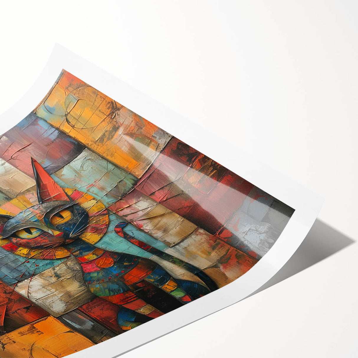 Vibrant rolled print showcasing a whimsical cat design in a wild-life theme, perfect for animal lovers, featuring bold colors and intricate details, ideal for home decor.