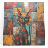 Stretched canvas wall art showcasing a whimsical cat design in vibrant colors, perfect for animal lovers and modern home decor. Ideal for enhancing any living space.