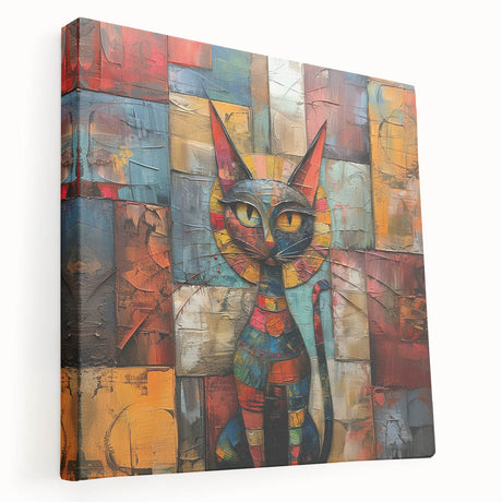 Colorful cat-themed stretched canvas wall art featuring whimsical designs, perfect for adding a playful touch to home decor. Ideal for animal lovers and modern interiors.