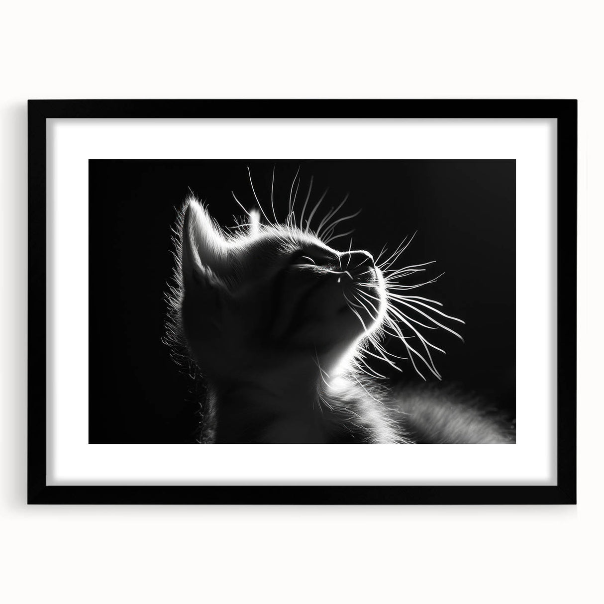 Black-framed wall art featuring a whimsical cat design from the "Animals - A Wild Life" collection, showcasing vibrant colors and playful details, perfect for animal lovers and home decor enthusiasts.