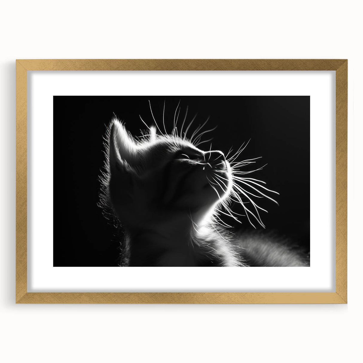 Framed wall art collection featuring a whimsical cat design, elegantly matted and presented in a gold frame, perfect for animal lovers and modern decor.