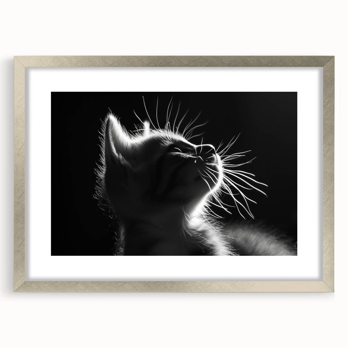 Silver-framed wall art featuring a wild cat design, elegantly matted, ideal for nature-themed decor. Perfect for animal lovers and art collectors alike.