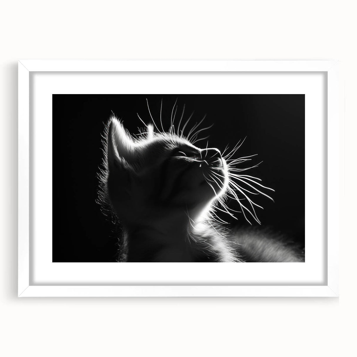Framed wall art featuring a whimsical cat design in a white mat, showcasing vibrant colors and artistic details, ideal for animal lovers' home decor.