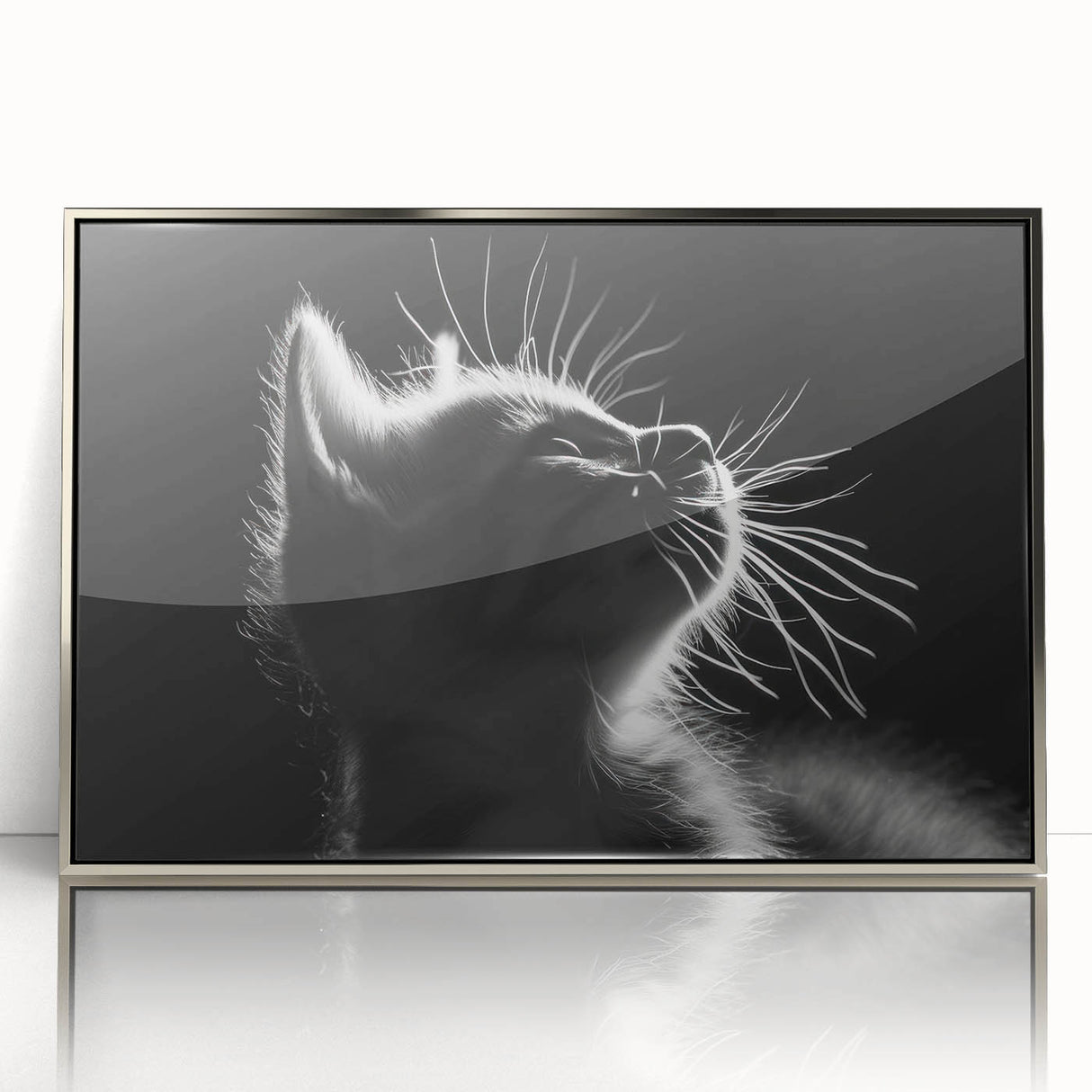 Framed wall art featuring a stylish cat design in silver acrylic, perfect for animal lovers, showcasing modern decor for home or office spaces.
