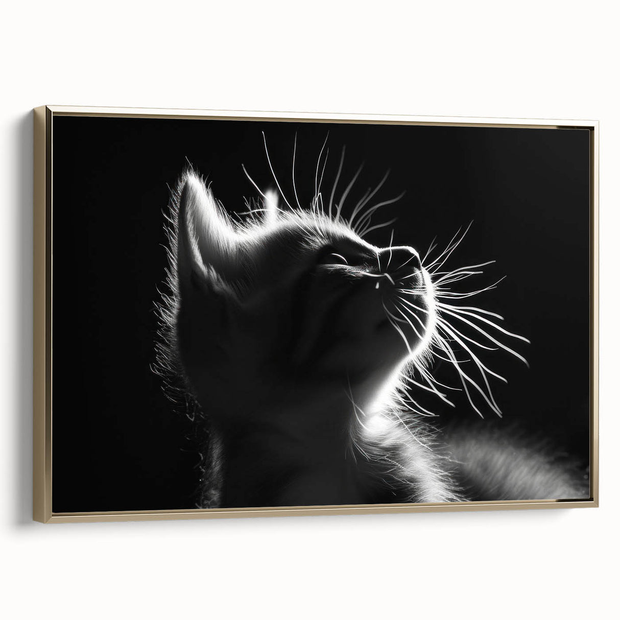 Framed wall art showcasing a whimsical cat design in a gold frame, perfect for animal lovers. The textured canvas adds depth and elegance to any home decor.