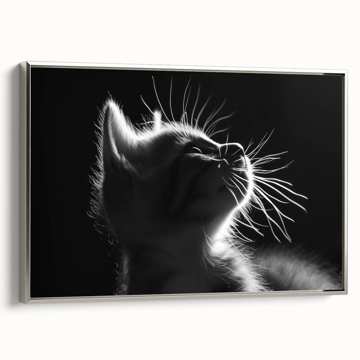 Framed wall art featuring a stylish cat design in silver tones, showcasing intricate details and textures, perfect for modern home decor.