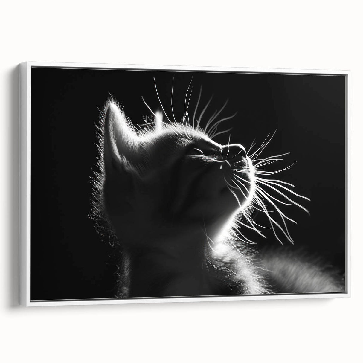 Framed wall art featuring a whimsical cat design in a vibrant color palette, set against a white background, ideal for animal lovers and modern home decor.