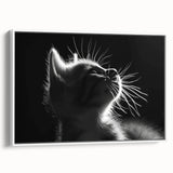 Framed wall art featuring a whimsical cat design in a vibrant color palette, set against a white background, ideal for animal lovers and modern home decor.