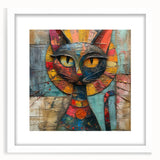 Framed wall art featuring a whimsical cat design from the "Animals A Wild Life" collection, showcasing vibrant colors and a white mat, perfect for home decor.
