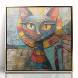 Framed acrylic wall art featuring a whimsical cat design in vibrant colors, set against a gold background, perfect for enhancing modern home decor.