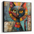 Framed canvas wall art featuring a whimsical cat design in vibrant colors, showcasing playful patterns and textures, ideal for animal lovers and modern decor.