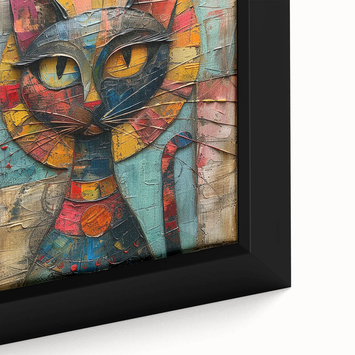 Close-up of a framed wall art piece showcasing a vibrant cat design, featuring intricate details and bold colors, perfect for animal lovers and modern decor enthusiasts.