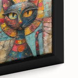 Close-up of a framed wall art piece showcasing a vibrant cat design, featuring intricate details and bold colors, perfect for animal lovers and modern decor enthusiasts.
