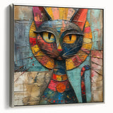 Framed wall art showcasing a whimsical cat design on a textured canvas, featuring a silver frame that enhances the artwork's vibrant colors, perfect for animal lovers' decor.