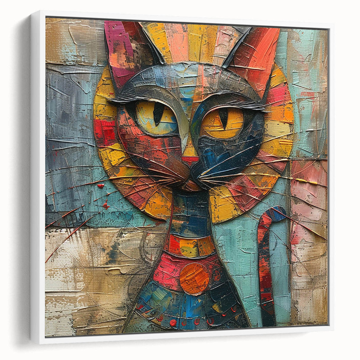 Framed wall art collection showcasing a stylish cat design on textured canvas, featuring a white frame and side view, perfect for animal lovers’ decor.
