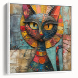 Framed wall art collection showcasing a stylish cat design on textured canvas, featuring a white frame and side view, perfect for animal lovers’ decor.