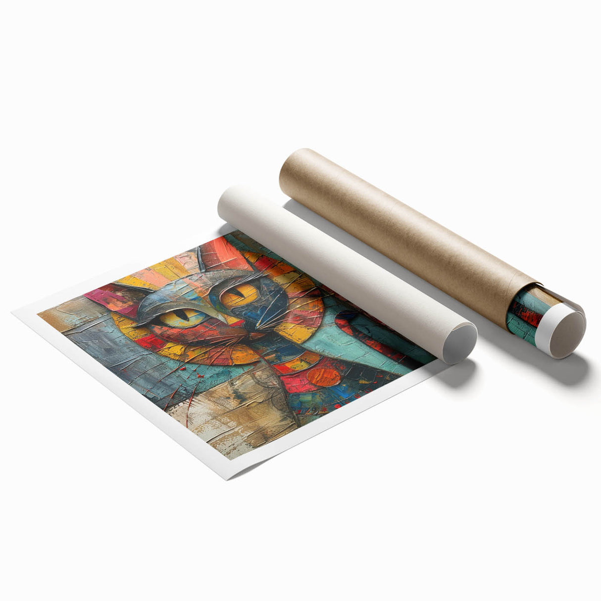 Rolled print of a colorful cat-themed wall art design showcasing various cat breeds in a vibrant, playful style. Ideal for animal lovers and home decor enthusiasts.