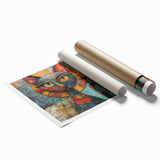Rolled print of a colorful cat-themed wall art design showcasing various cat breeds in a vibrant, playful style. Ideal for animal lovers and home decor enthusiasts.