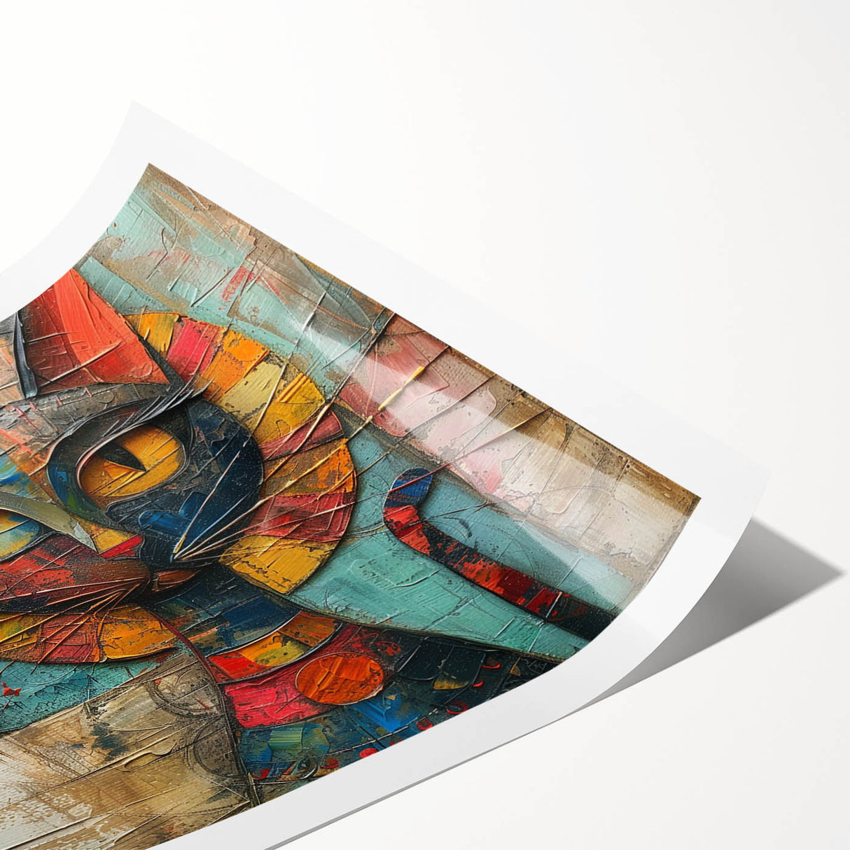 Vibrant rolled print showcasing an artistic cat design inspired by wildlife, perfect for home decor, featuring rich colors and intricate details in a sturdy cardboard tube.