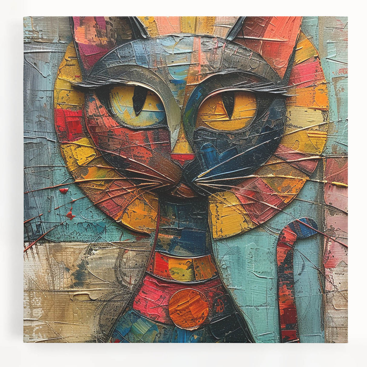 Stretched canvas wall art showcasing a whimsical cat design with vibrant colors and intricate details, perfect for animal lovers and modern decor enthusiasts.