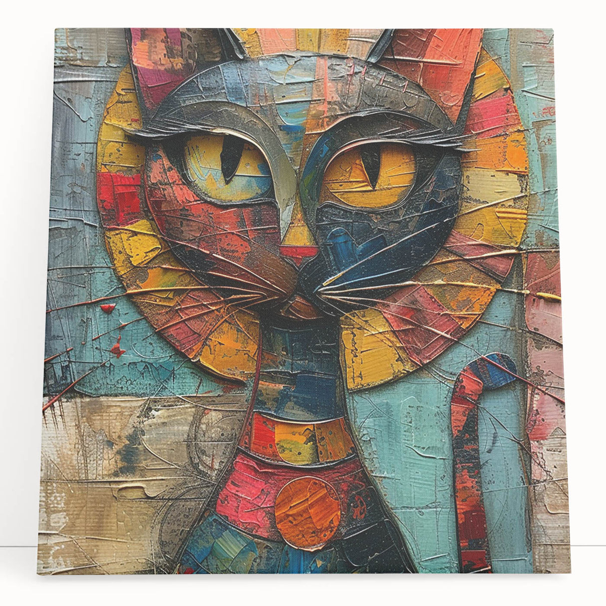 Stretched canvas wall art featuring a whimsical cat design, showcasing vibrant colors and playful patterns, perfect for animal lovers and modern decor.