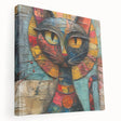 Stretched canvas art featuring a whimsical cat design in vibrant colors, showcasing a playful side view ideal for animal lovers and home decor enthusiasts.