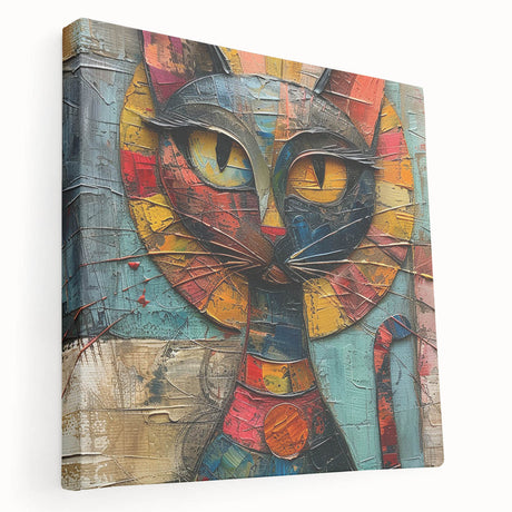 Stretched canvas art featuring a whimsical cat design in vibrant colors, showcasing a playful side view ideal for animal lovers and home decor enthusiasts.