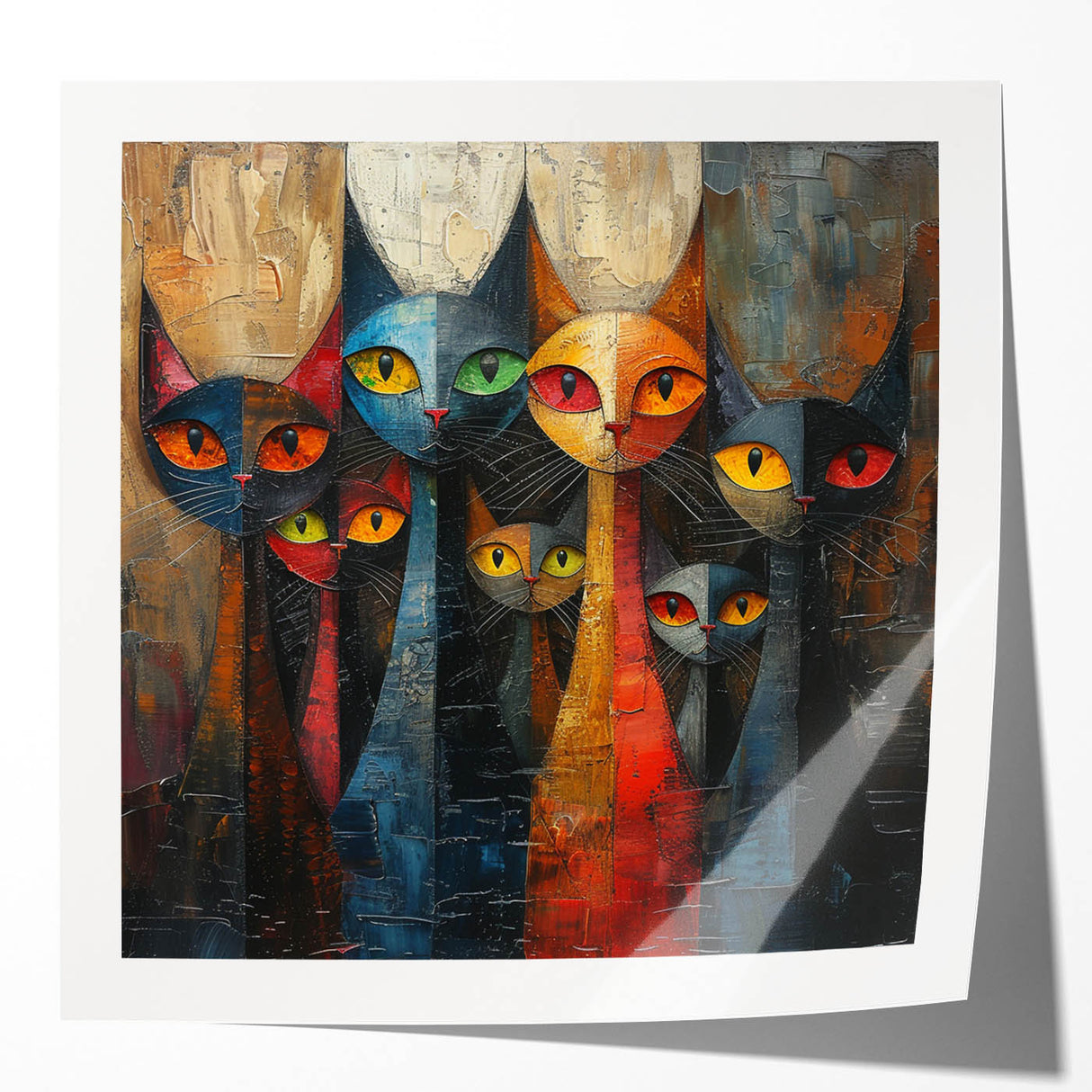 Glossy wall art collection featuring a whimsical cat design, showcasing vibrant colors and playful patterns, perfect for adding a touch of charm to any room.