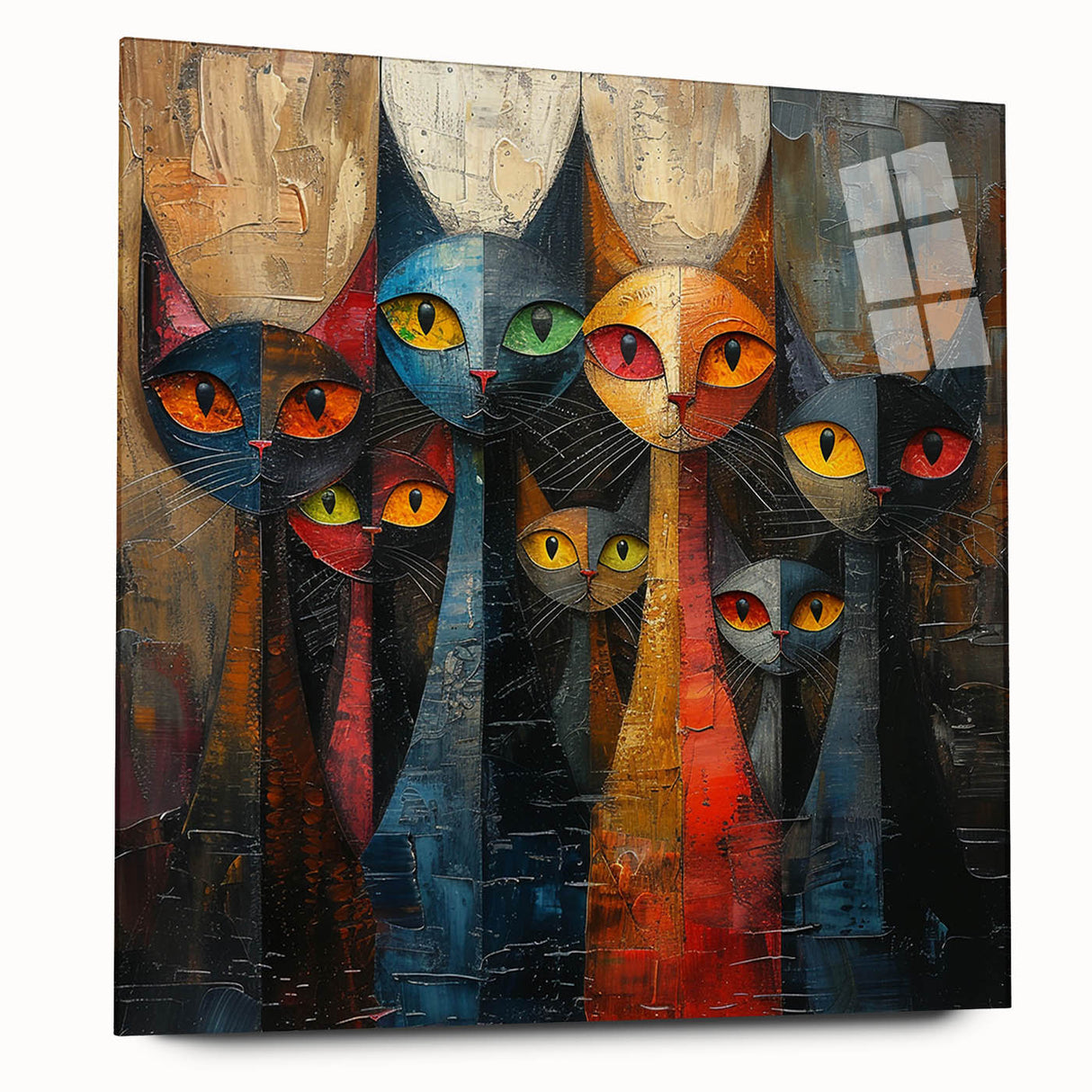 Acrylic wall art featuring a whimsical cat design, showcasing vibrant colors and intricate details. The artwork is displayed in a side view, highlighting its sleek edges and modern aesthetic, perfect for animal lovers or home decor enthusiasts.