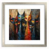Framed wall art featuring a whimsical cat design in a silver frame with a mat, showcasing vibrant colors and intricate details, perfect for animal lovers' decor.