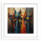 Framed wall art featuring a whimsical cat design, set against a white background with a matte finish, perfect for animal lovers' home decor.