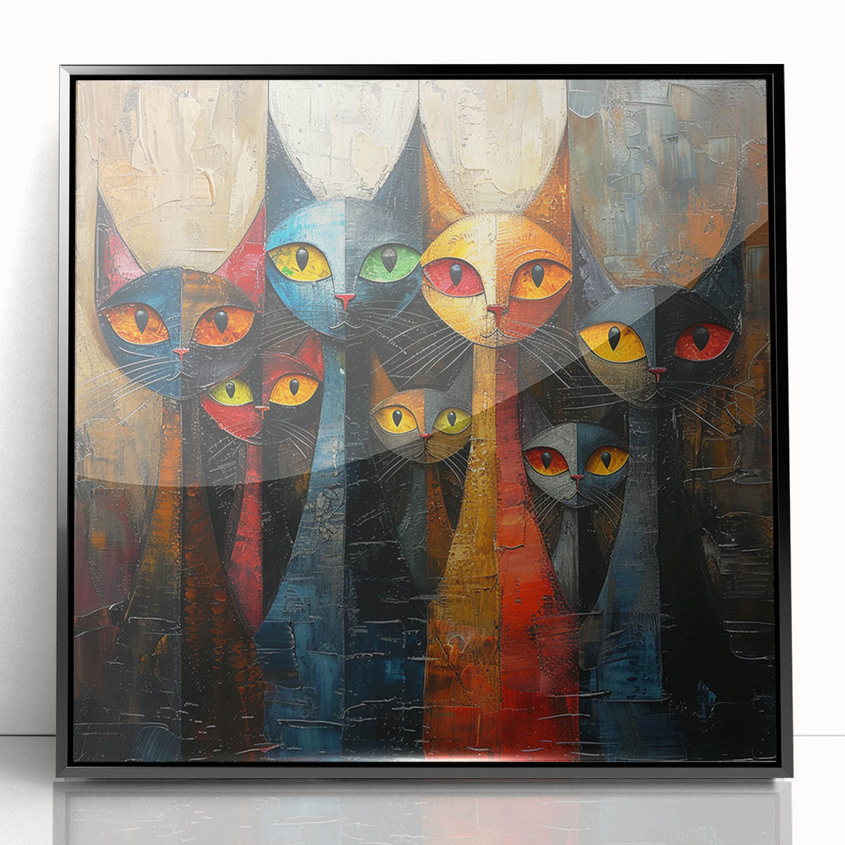 Framed acrylic wall art featuring a striking cat design in a modern black frame, showcasing vibrant colors and intricate details, perfect for animal lovers' decor.