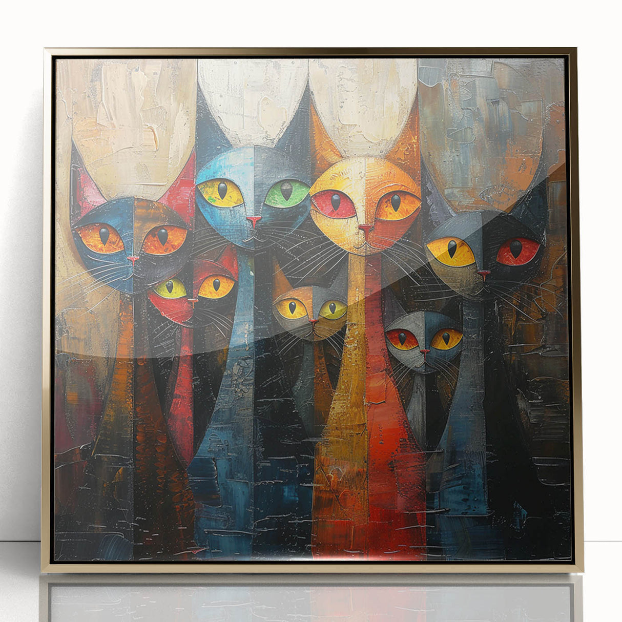 Framed wall art featuring a vibrant wild cat design in acrylic with a gold border, perfect for animal lovers and modern decor. Ideal for adding a touch of elegance to any room.